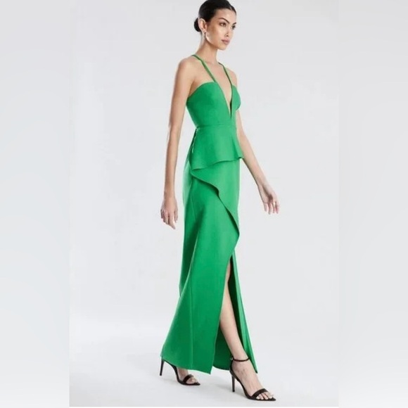 BCBGMAXAZRIA Daphne Peplum Crepe Evening Gown Malachite Green Womens Size 6 - Picture 2 of 9